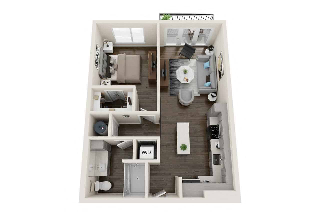 Floor plan for 1 bed, 1 bath, 690 sqft